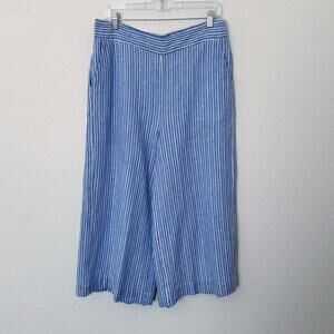 [1. State] Blue White Striped Linen Blend High Rise Wide Leg Crop Pants Sz Large